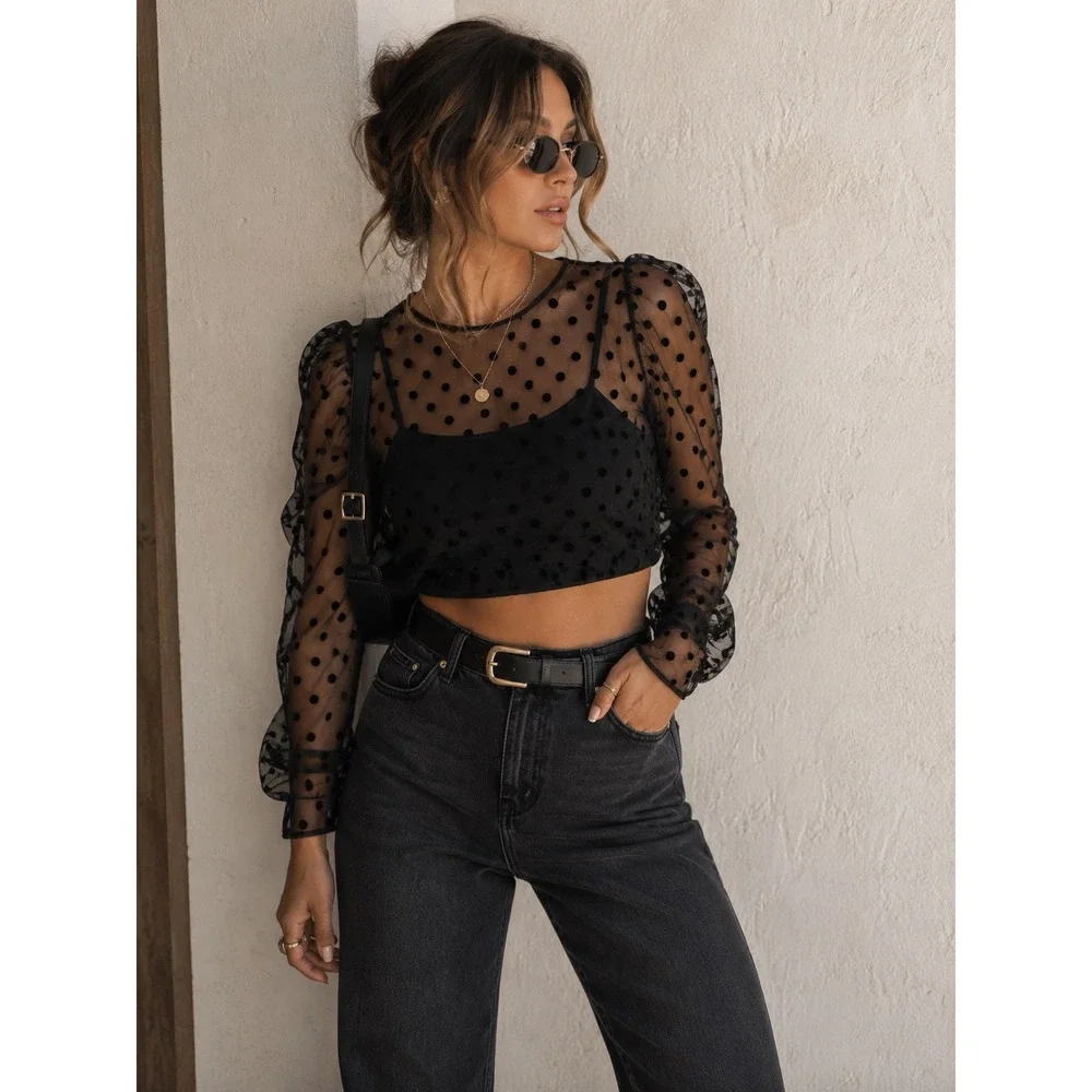 Zara Black Sheer Polka Dot Mesh Crop Top